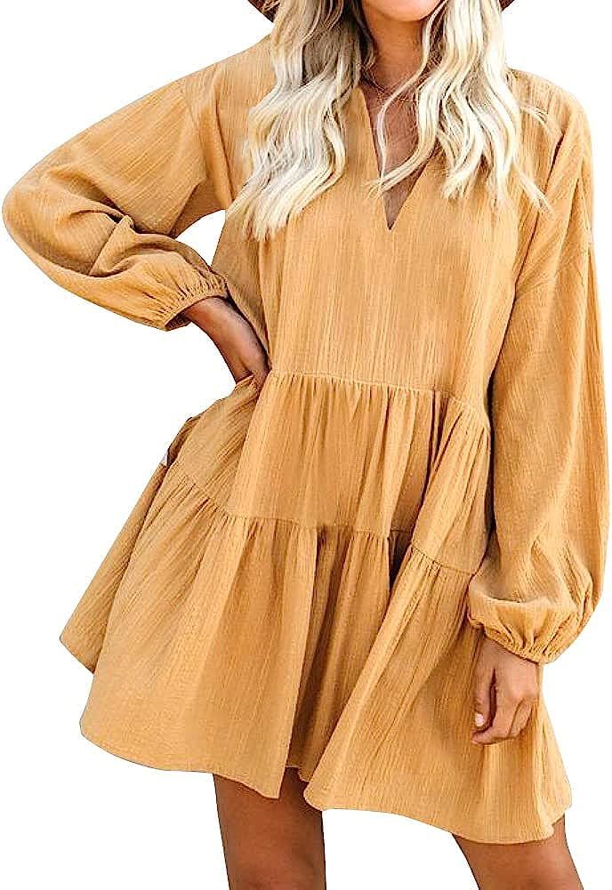 Amazon.com: FANCYINN Womens Cute Shift Tunic Dress Babydoll Long Lantern Sleeves V Neck Beach Ruf... | Amazon (US)