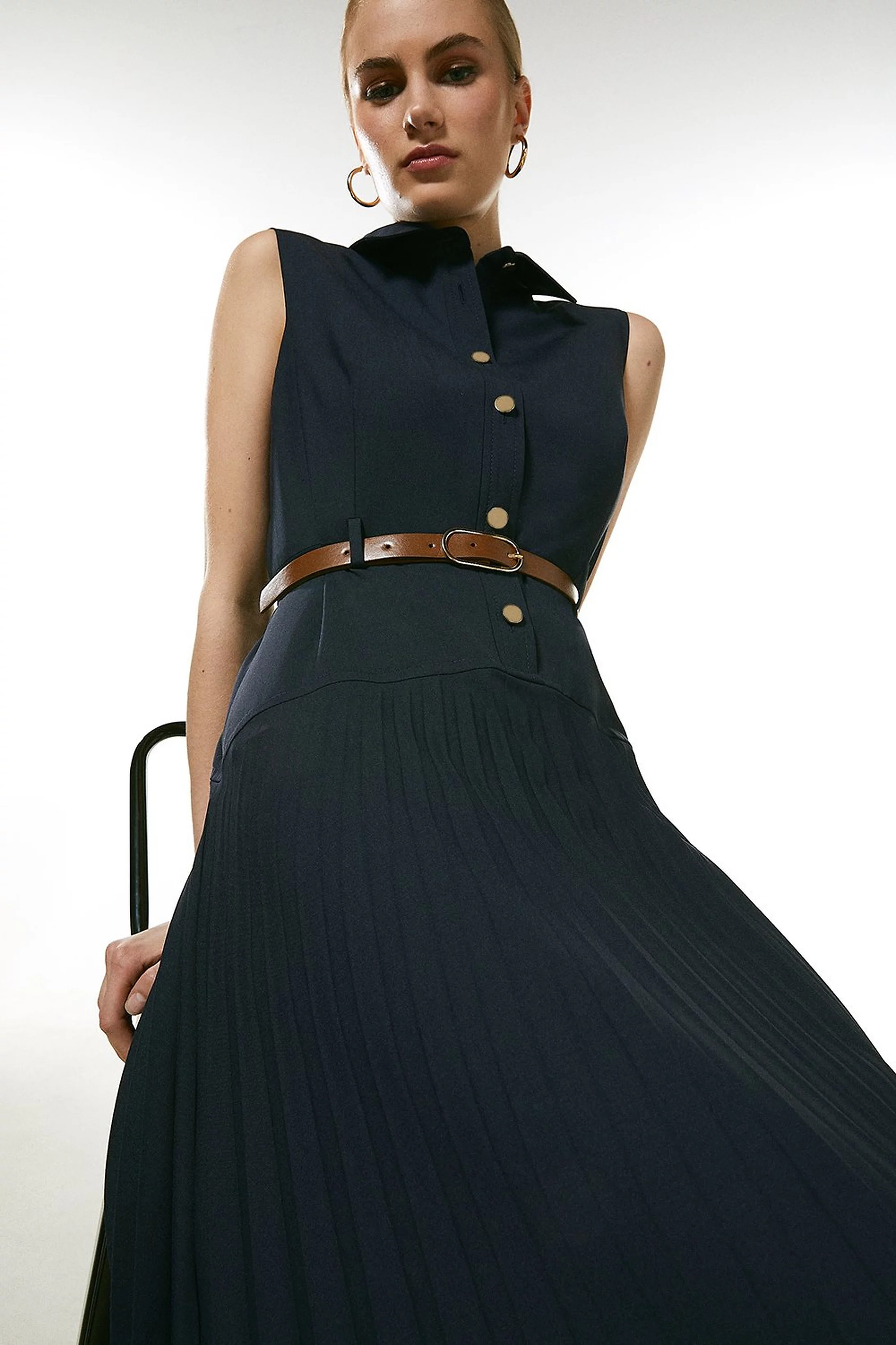 Polished Wool Blend Sleeveless Pleated Dress | Karen Millen UK & IE