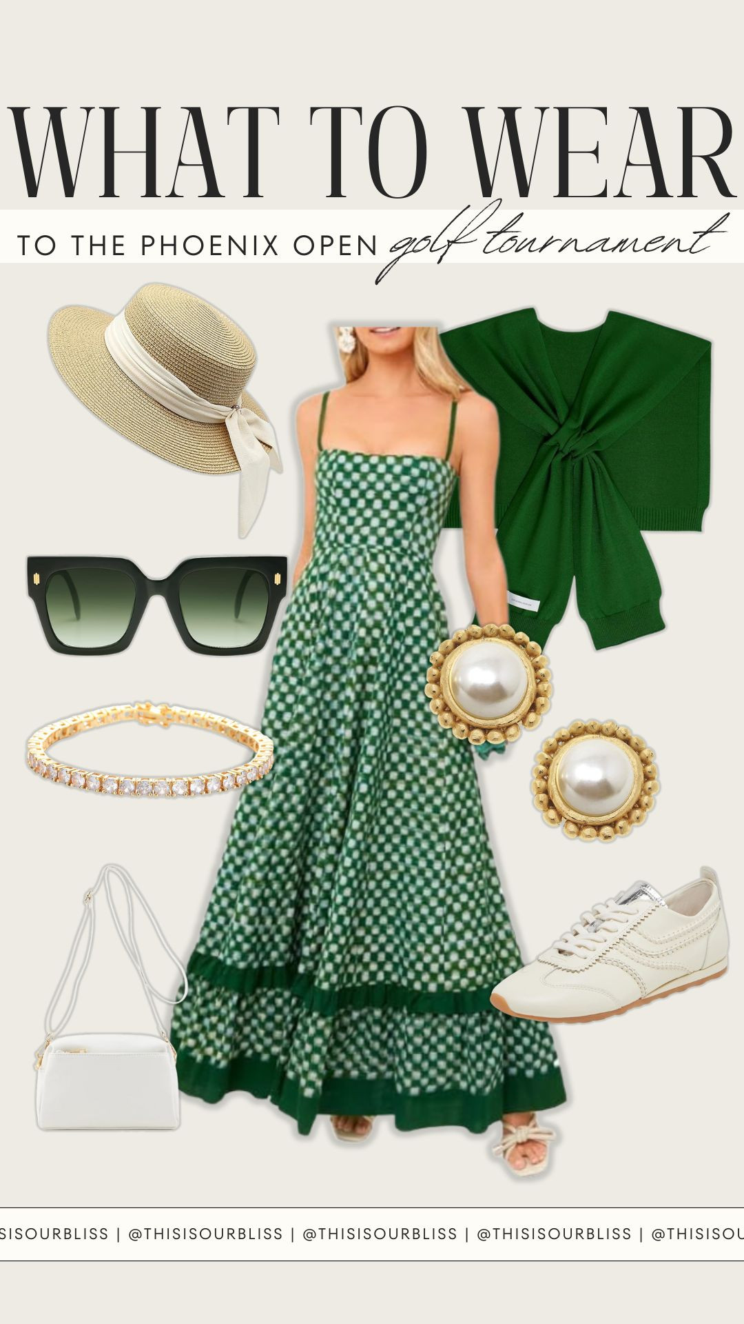 Phoenix Open outfit inspo - Breathable layers, simple accessories, and a look that works from the course to post-round drinks. A long green breathable maxi dress paired with comfortable sneakers, oversized sunglasses, classic pearl earrings, a tennis bracelet, and a white crossbody bag. 

 #LTKootd #LTKSaleAlert #LTKTravel