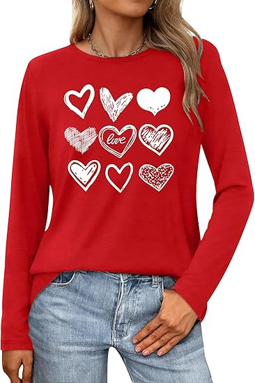 PECHAR Valentines Shirts Women Lover Heart Graphic Shirt Pullover Long Sleeve Tee Tops | Amazon (US)