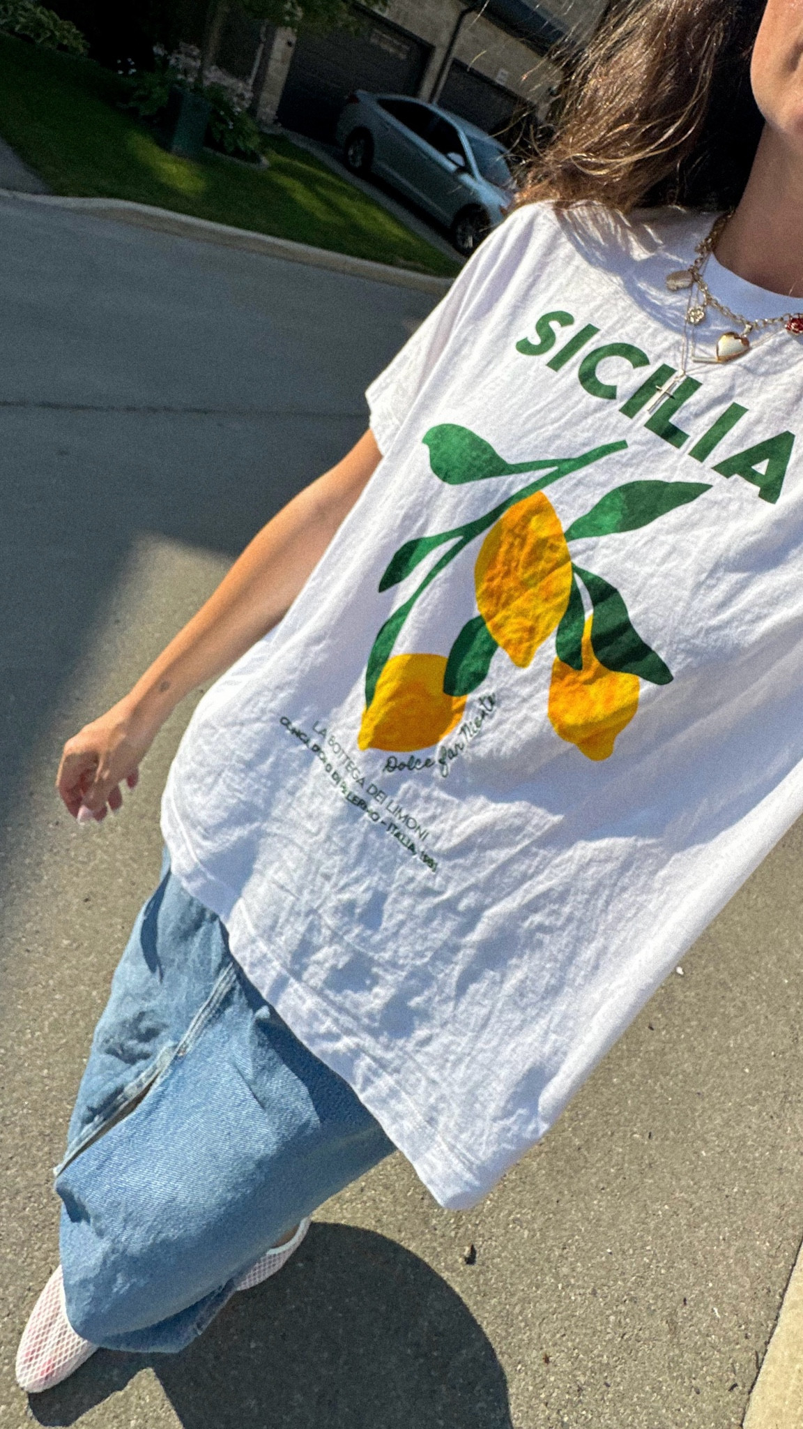 summer outfit, outfit ideas, summer style, lemon t-shirt, graphic tee, denim skirt, denim maxi skirt, mesh ballet flats, charm necklace, capsule wardrobe styling