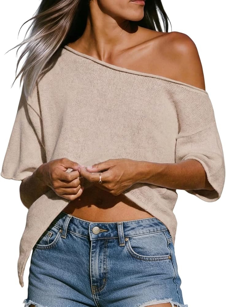 Womens Off The Shoulder Crochet Cover Ups 2026 Summer Short Sleeve Side Split Asymmetric Roll Hem... | Amazon (US)