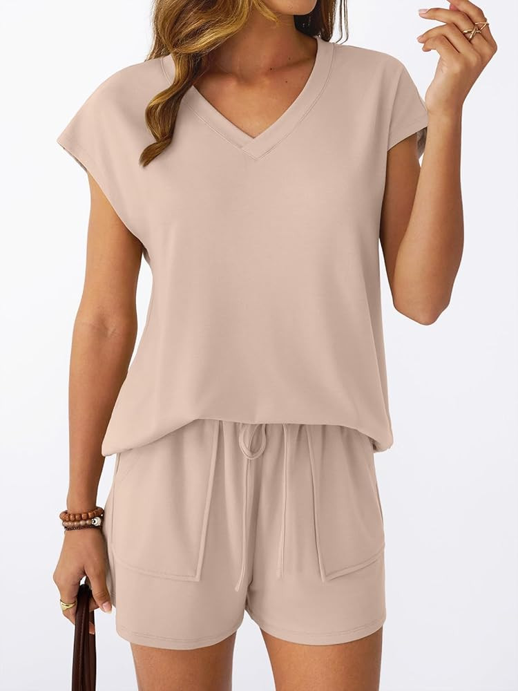 AUTOMET Women 2 Piece V Neck Matching Lounge Sets Clothing Spring Cap Sleeve Shirt and Shorts 202... | Amazon (US)