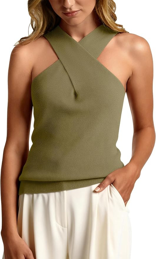 Womens Halter Neck Crossover Sleeveless Knit Tank Top Dressy Summer Tops | Amazon (US)