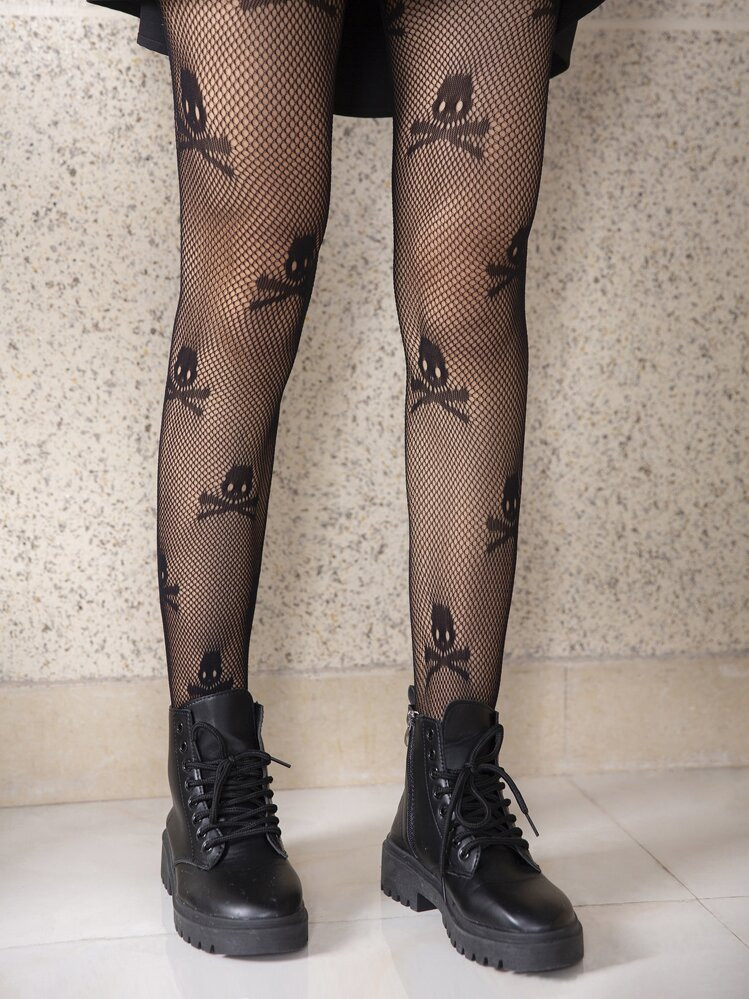 1pc Women Sexy Black Skull Pattern Leggings, Punk Hollow Tights, Fishnet Stockings For Streetwear | SHEIN