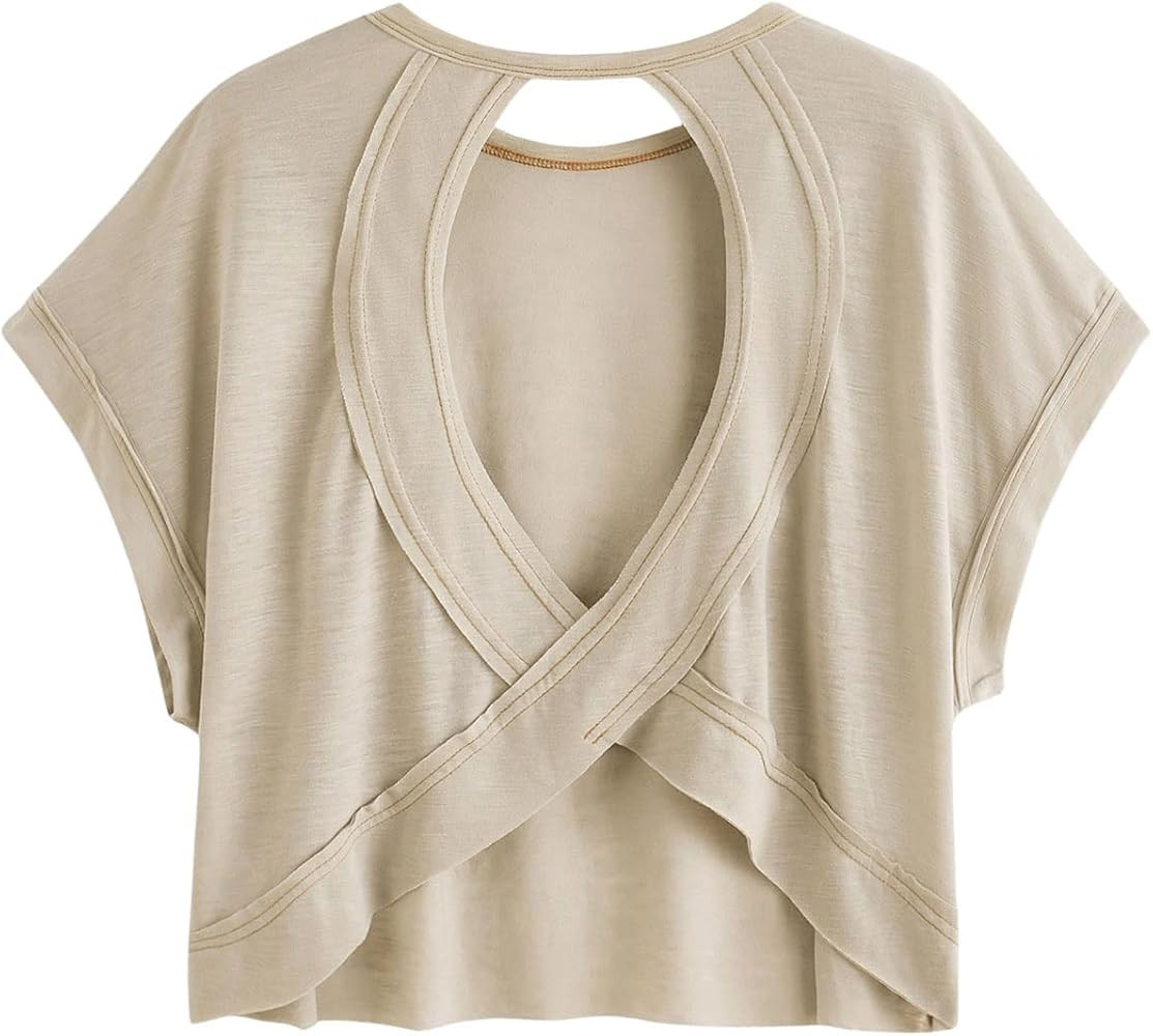 SOLY HUX 2024 Open Back Tops for Women Criss Cross Cut Out Tee Backless Casual Short Sleeve Round... | Amazon (US)