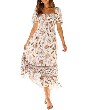 ZESICA Women's 2024 Summer Boho Floral Print Square Neck Ruffle Swing Beach Long Maxi Dress | Amazon (US)