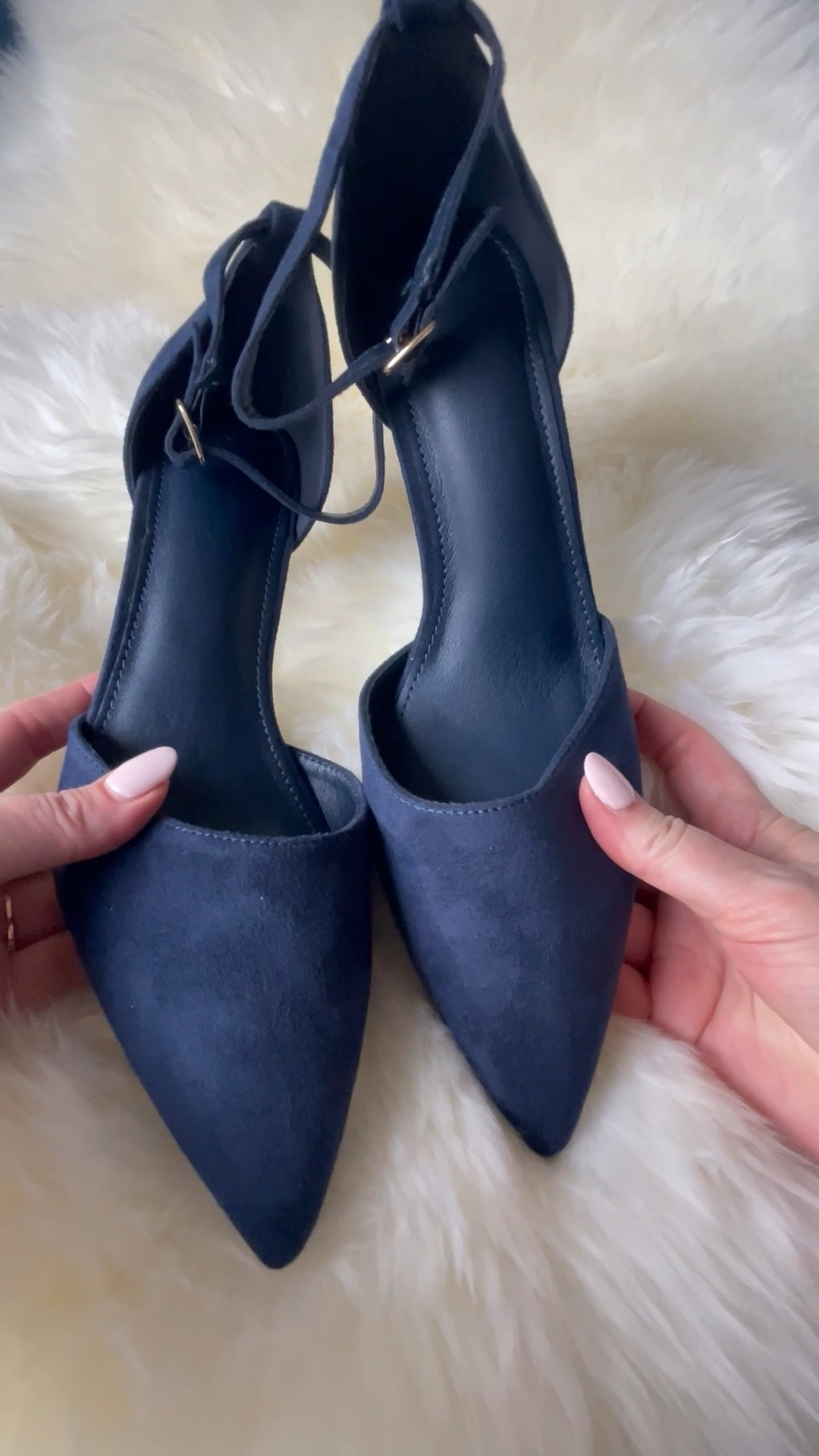 Affordable navy blue suede ankle strap heel with gold detailing on the heel. Perfect to go with  workwear outfit for daytime, a holiday party dress, or wedding guest dress, etc.

#LTKHoliday #LTKShoeCrush #LTKFindsUnder50