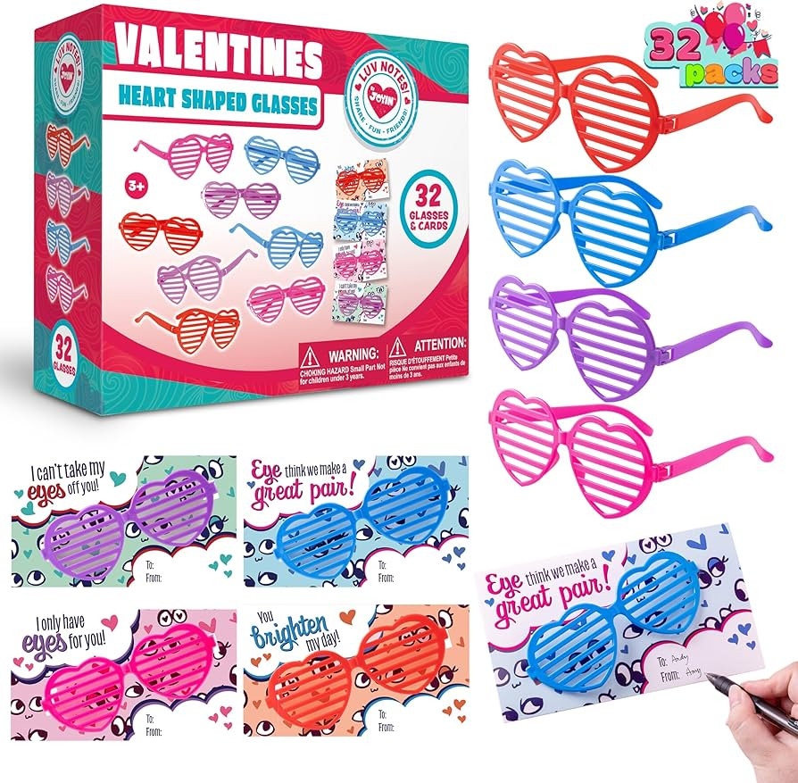 JOYIN 32 Packs Valentines Day Shade Glasses with Gift Cards Heart Shaped Shutter Heart Glasses Va... | Amazon (US)