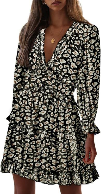 Eytino Women Wedding Guest Dresses Floral Print V Neck Long Sleeve Backless Mini Short Dress(S-XL... | Amazon (US)