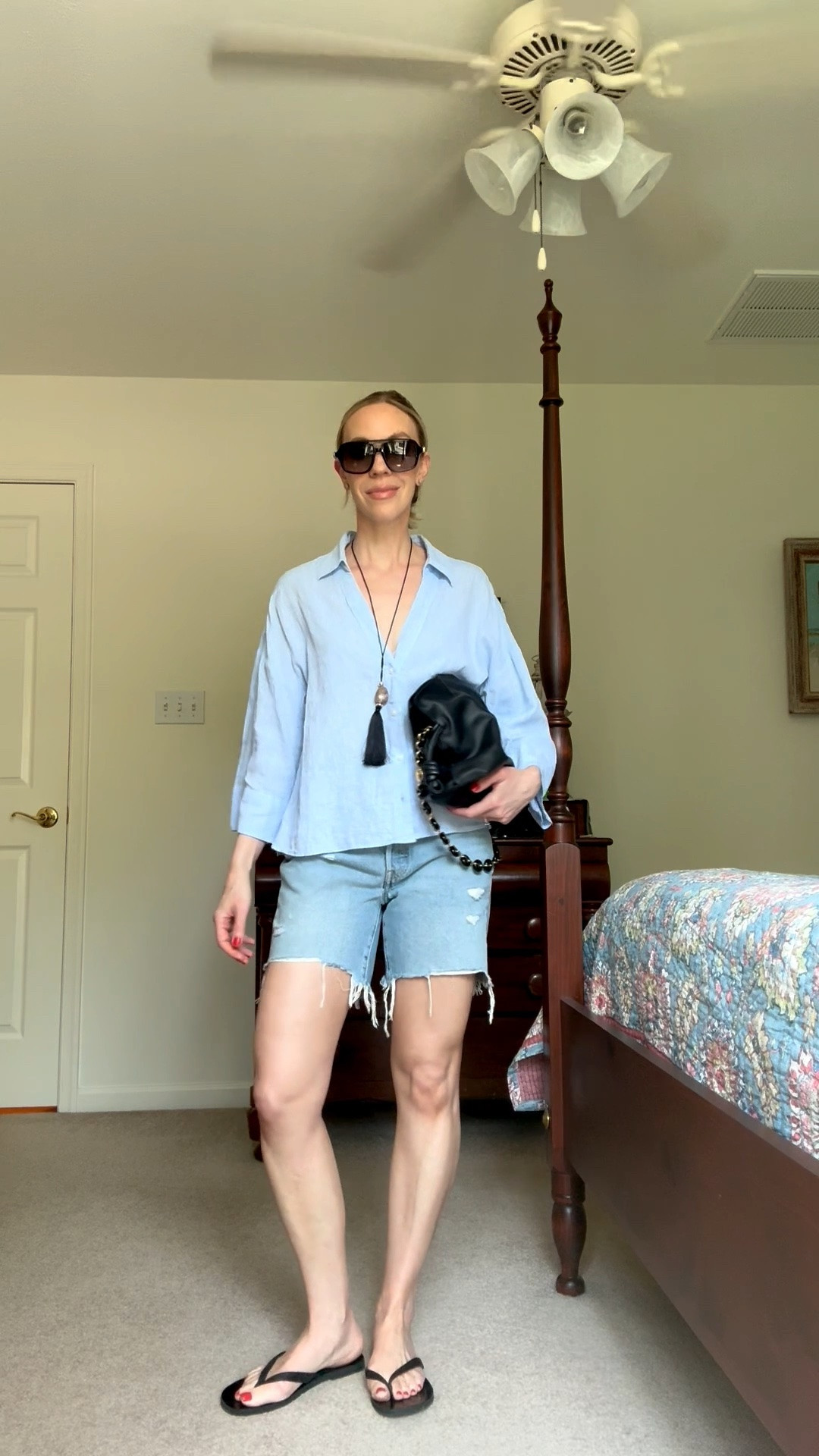 Summer vacation outfit, line shirt, pendant necklace, @levi denim shorts, @Madewell leather thong sandals

#LTKTravel #LTKOver40 #LTKSaleAlert