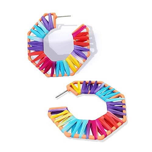 Geometric Octagon Hoop Earrings Raffia Handmade Earrings Statement Earrings for Women | Amazon (US)