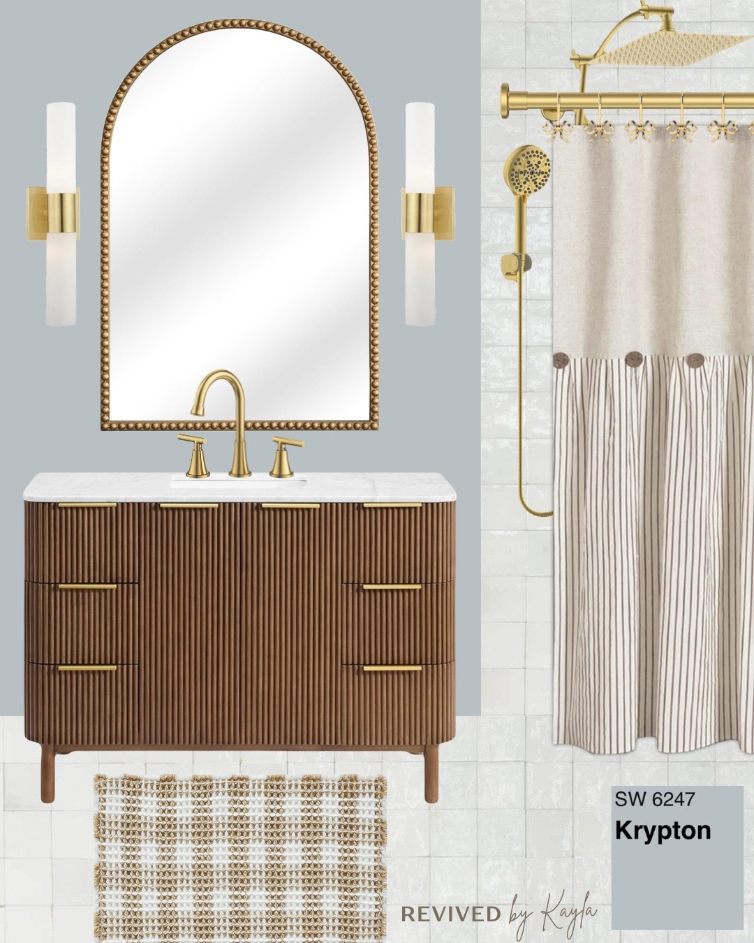 Grey blue and gold bathroom design with Krypton by Sherwin Williams 🩵 

#bathroom #bathroomdecor #bathroomdesign #modern #lightandairy #moderndecor #bathroommakeover #bathroomideas #homedecor #homedesign #homeinspo #inspiration #homestyle #homestyling #modernbathroom #gold #blue #showercurtain #goldfaucet 

#LTKHome #LTKFindsUnder50 #LTKFindsUnder100