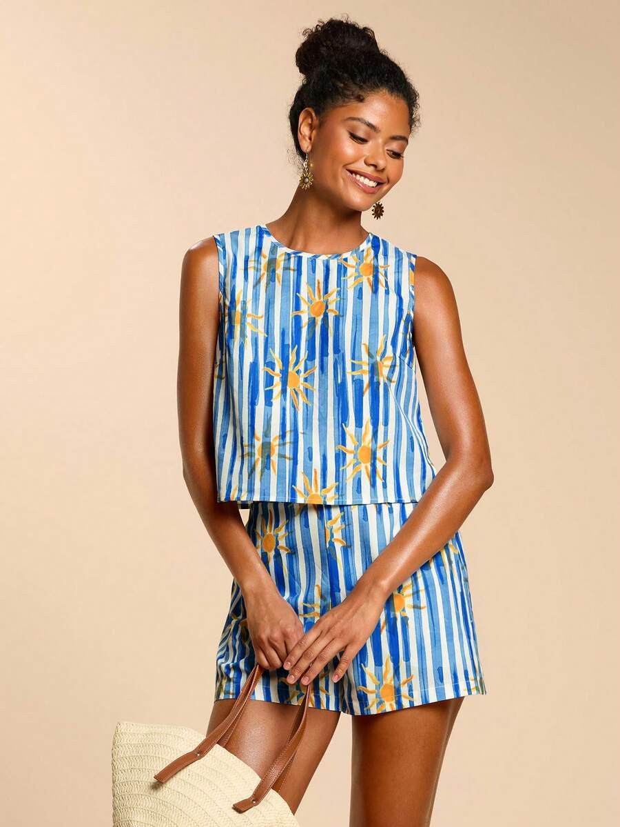 Travachic Women's Round Neck Striped Sun Print Camisole & Shorts 2 Pieces Set Two Piece Set Women... | SHEIN