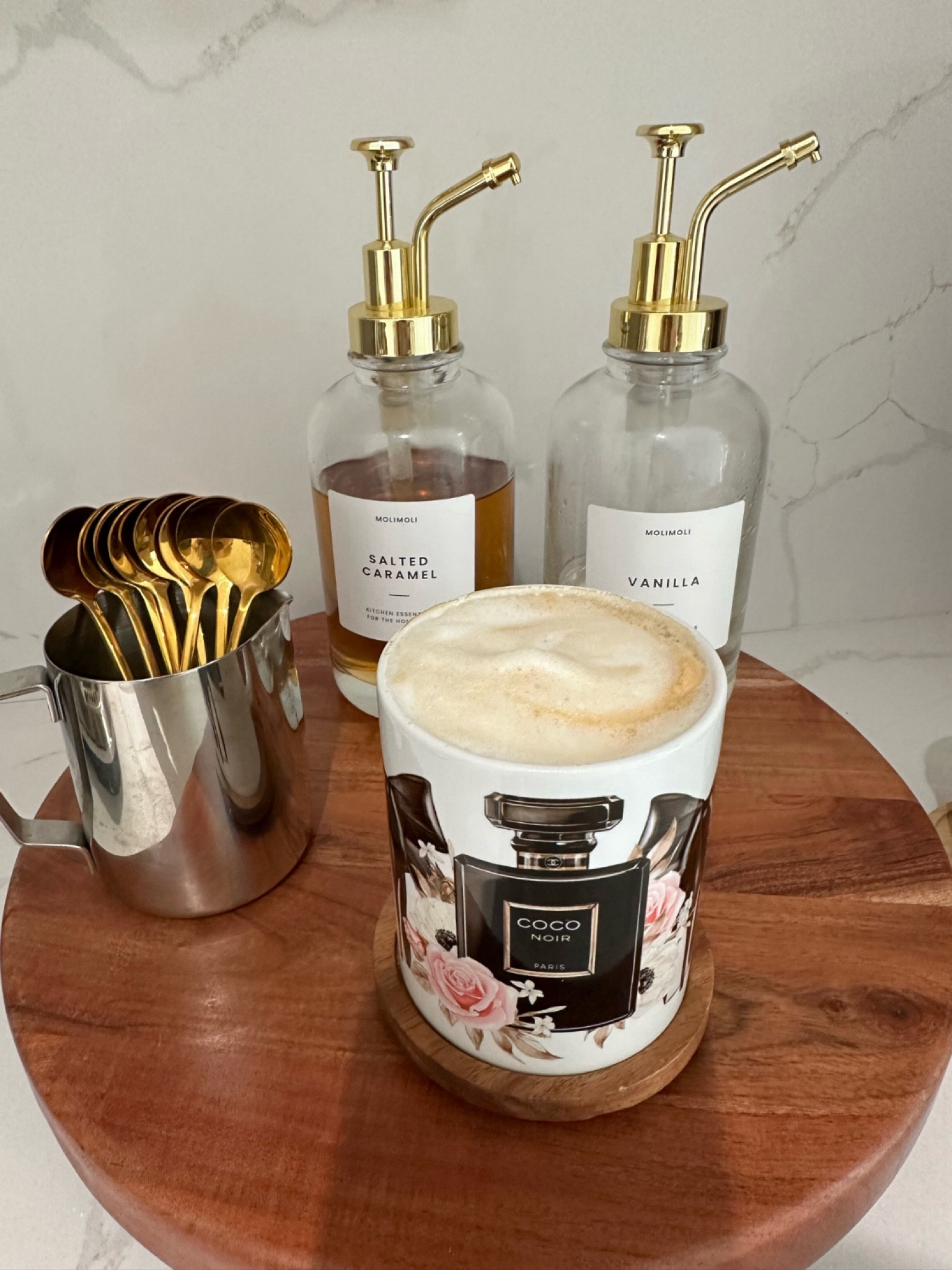 Coffee Maker, Coffee Station, Syrup dispenser, gold coffee spoons, clear espresso mugs, coffee cups, coffee mugs, nespresso Breville, coffee bar decor, coffee tray, Fall decor, Fall style