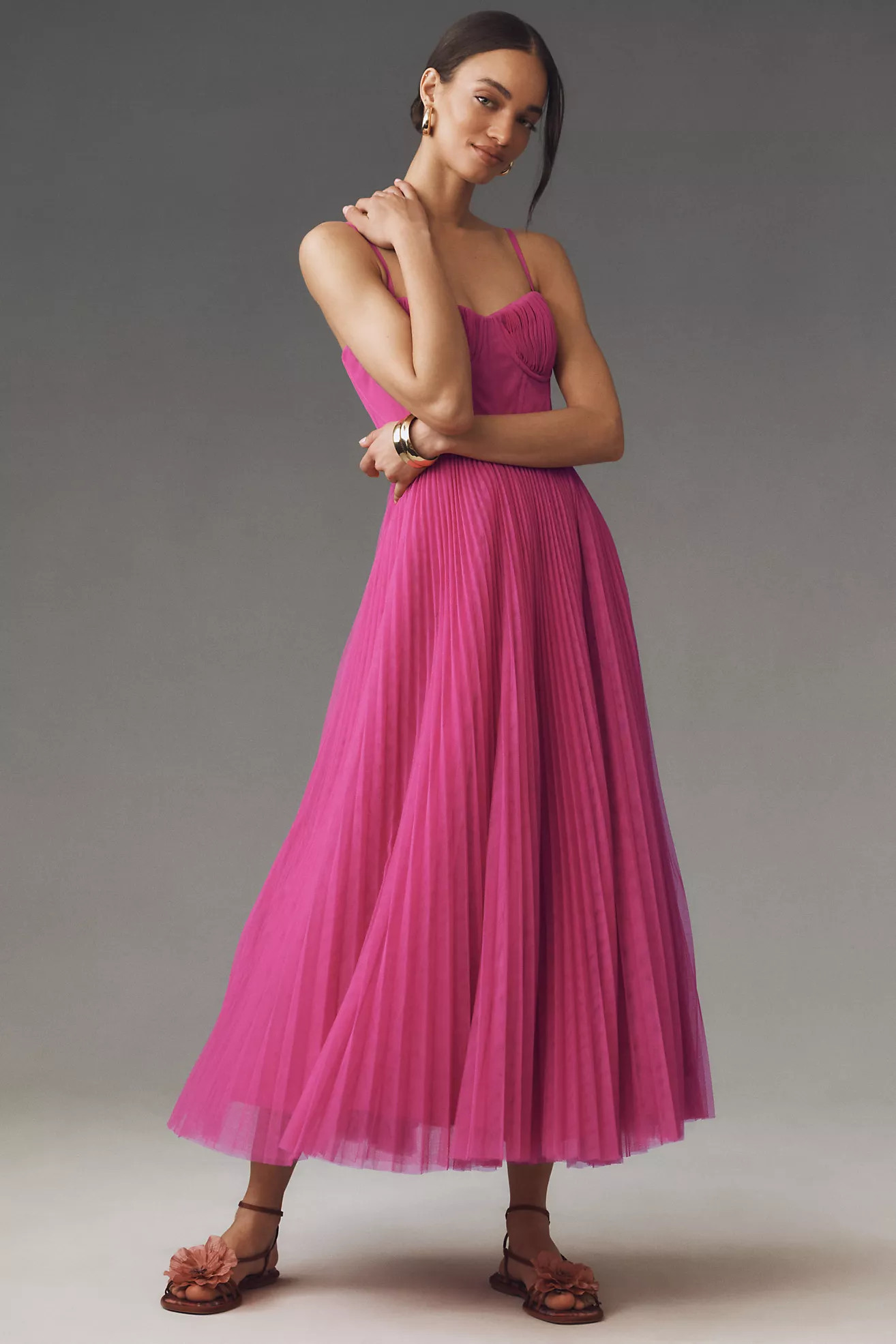 Hutch Amara Corset Pleated Tulle Fit & Flare Midi Dress | Anthropologie (US)