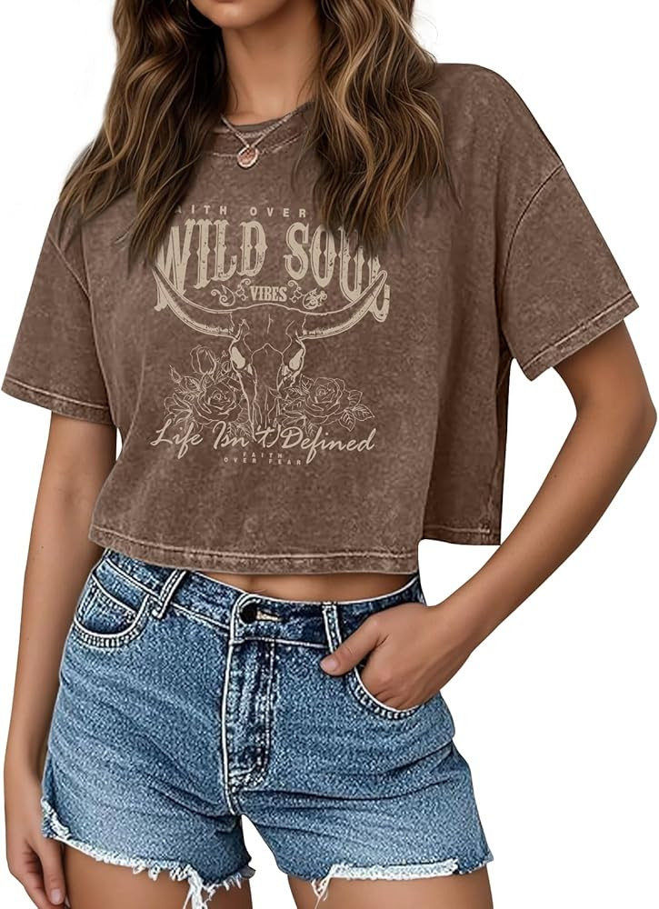 Western Cowgirl Cropped Shirts for Women Faith Over Fear Country Shirt Wild Soul Vintage Graphic ... | Amazon (US)