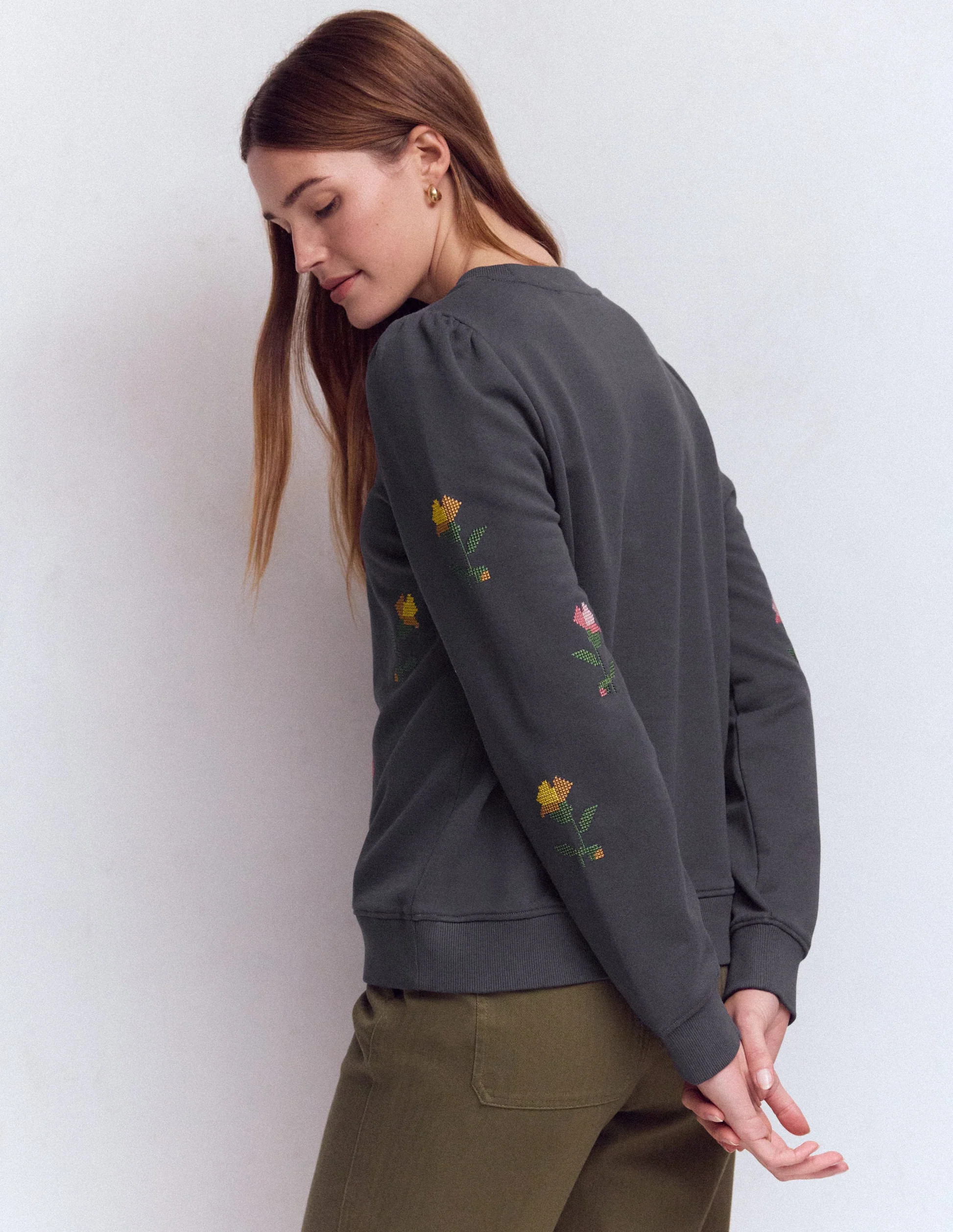 Puff Sleeve Embroidered Sweat-Cross Stitch Flower Embroidery | Boden (US)