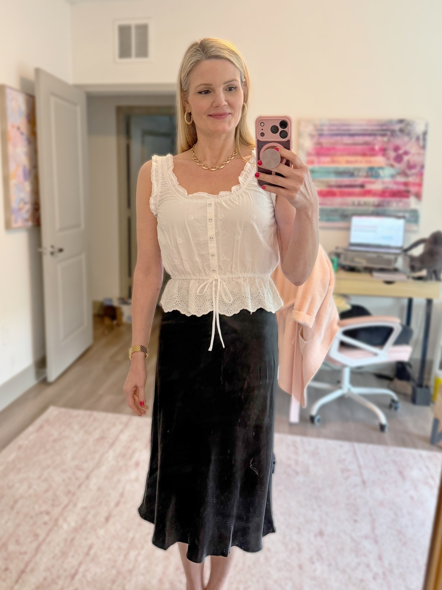 Sweet eyelet western tip on size small. Silk midi skirt in size small  

#LTKootd #LTKOver40 #LTKFestival