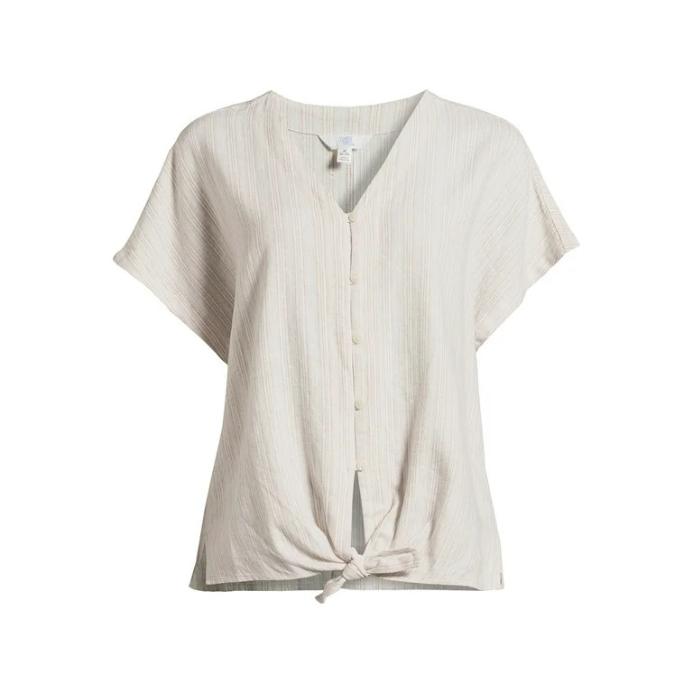 Time and Tru Women's Linen Blend Tie Front Top, Sizes S-XXXL | Walmart (US)