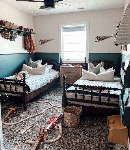 Boys shared bedroom reveal! I lucked out and found these beautiful antique bed frames on marketplace, but I’ve linked some similar ones on Etsy!

#LTKfamily #LTKkids #LTKhome