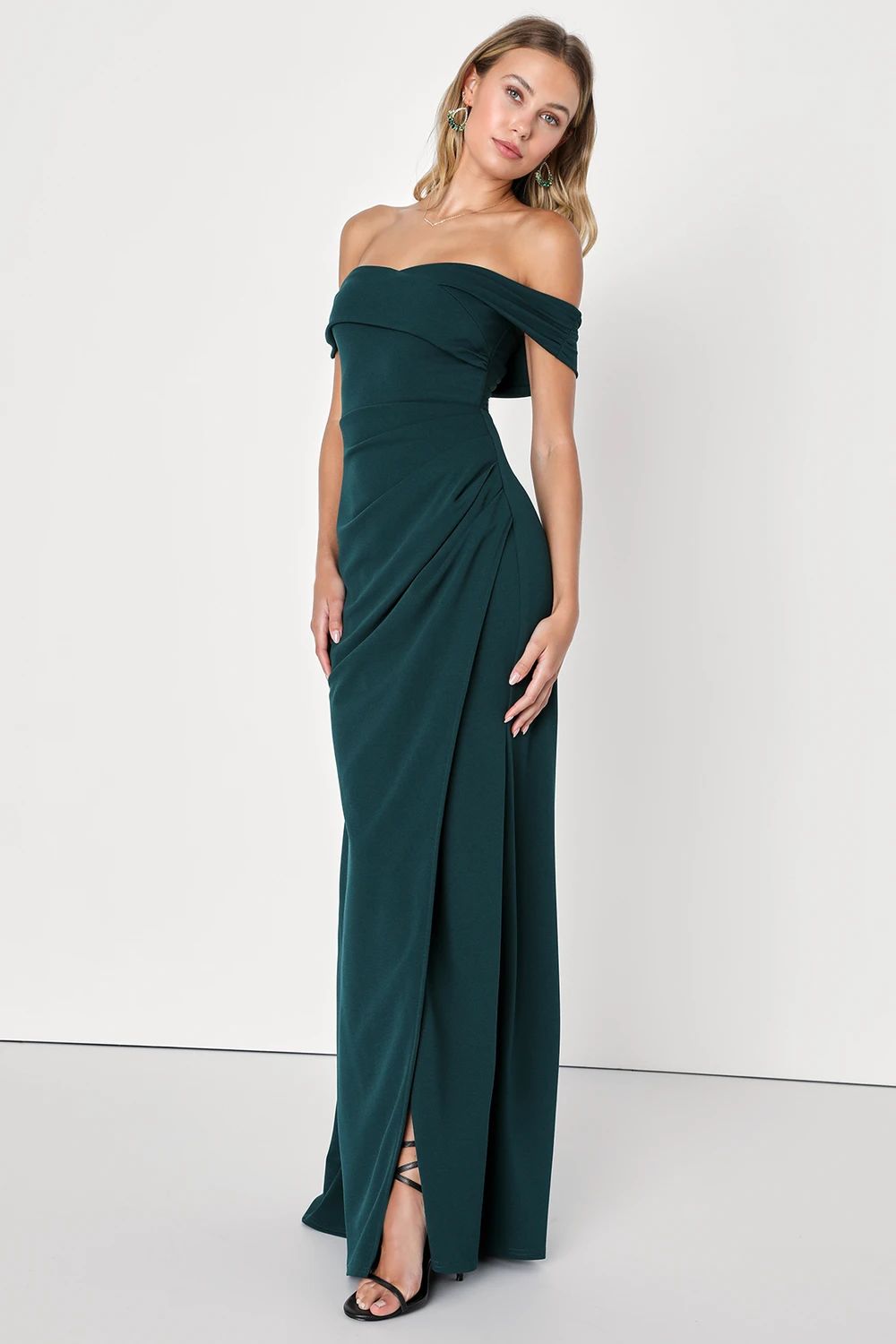 High-Class Presence Emerald Green Off-the-Shoulder Maxi Dress | Lulus