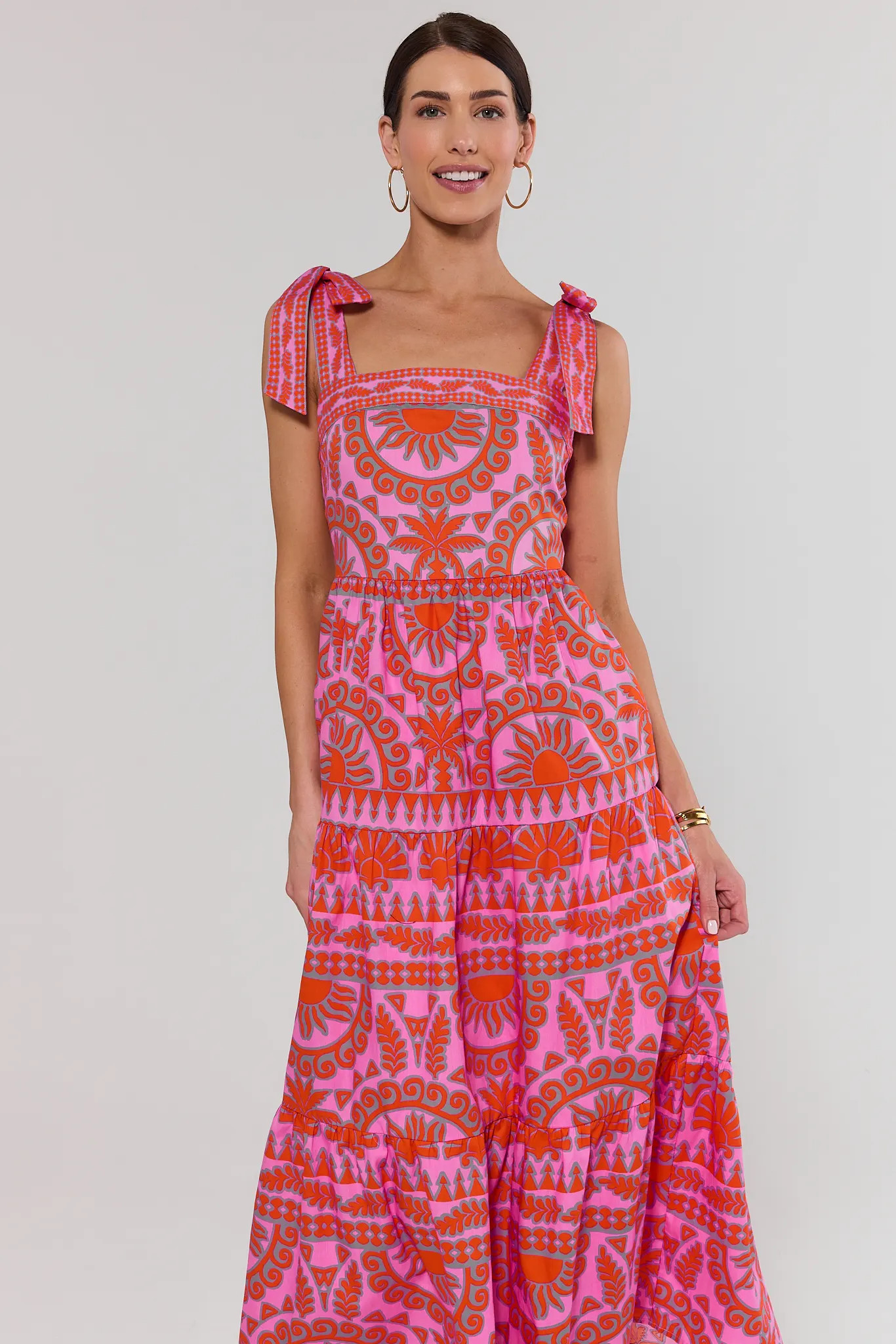 Pink Printed Tiered Maxi Dress | Avara