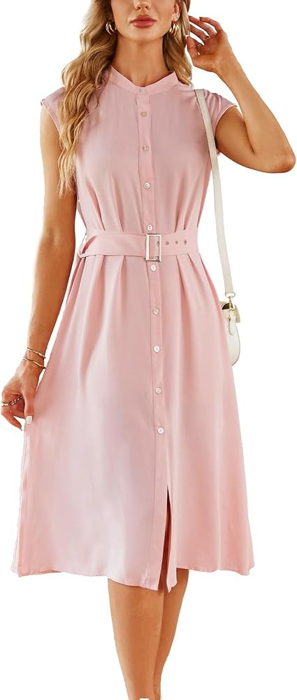 BROVAVE Women 2024 Summer Cap Sleeve Tie Waist Button Down Teacher Church Modest Business Casual ... | Amazon (US)