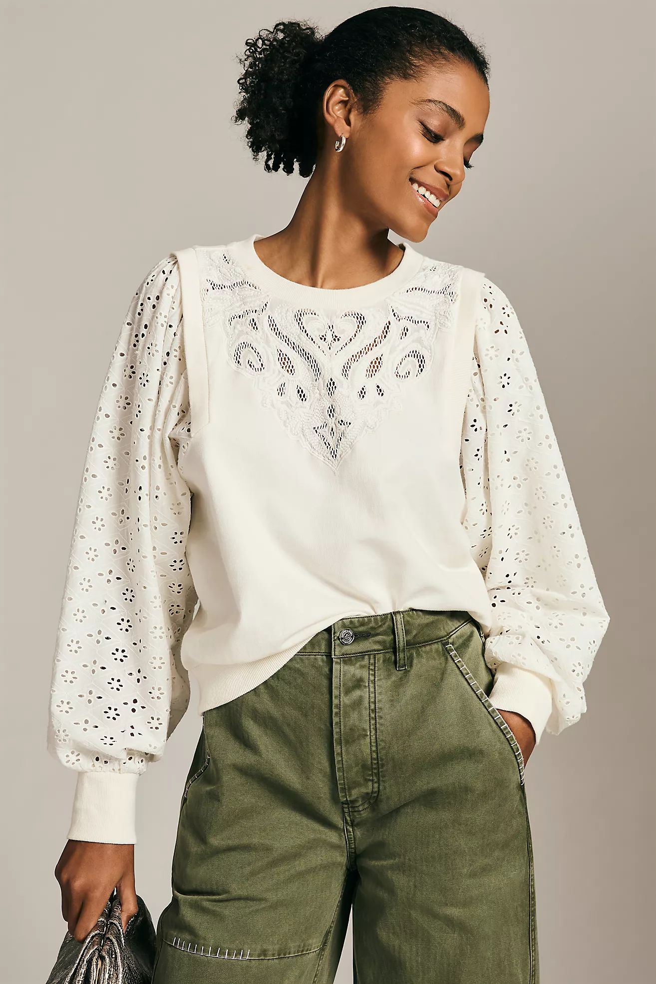 Pilcro Washed Eyelet Sweatshirt | Anthropologie (US)