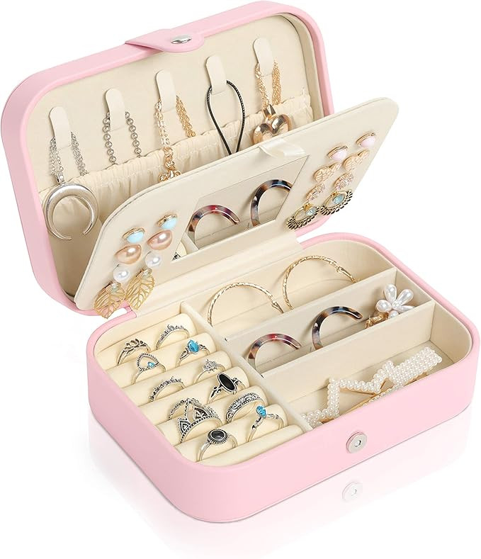 Travel Jewelry Case Small Jewelry Box Double Layer Leather Jewelry Organizer Case for Necklace Ea... | Amazon (US)