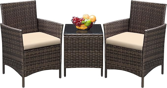 Greesum GS-3RCS8BG 3 Pieces Outdoor Patio Porch Furniture Sets, PE Rattan Wicker Chairs with Tabl... | Amazon (US)