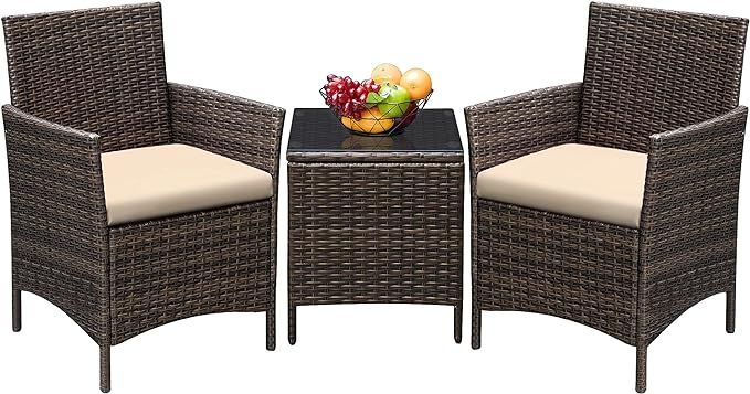 Greesum GS-3RCS8BG 3 Pieces Outdoor Patio Porch Furniture Sets, PE Rattan Wicker Chairs with Tabl... | Amazon (US)
