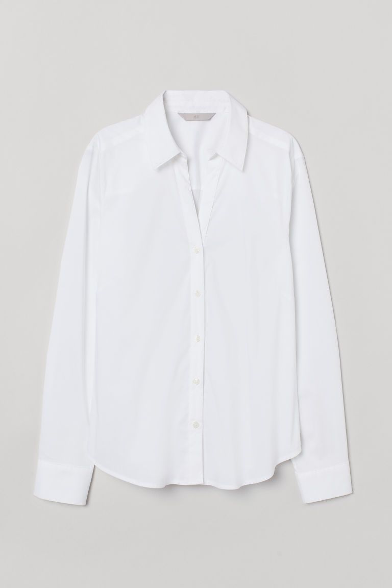 H & M - V-neck Cotton Poplin Shirt - White | H&M (US + CA)
