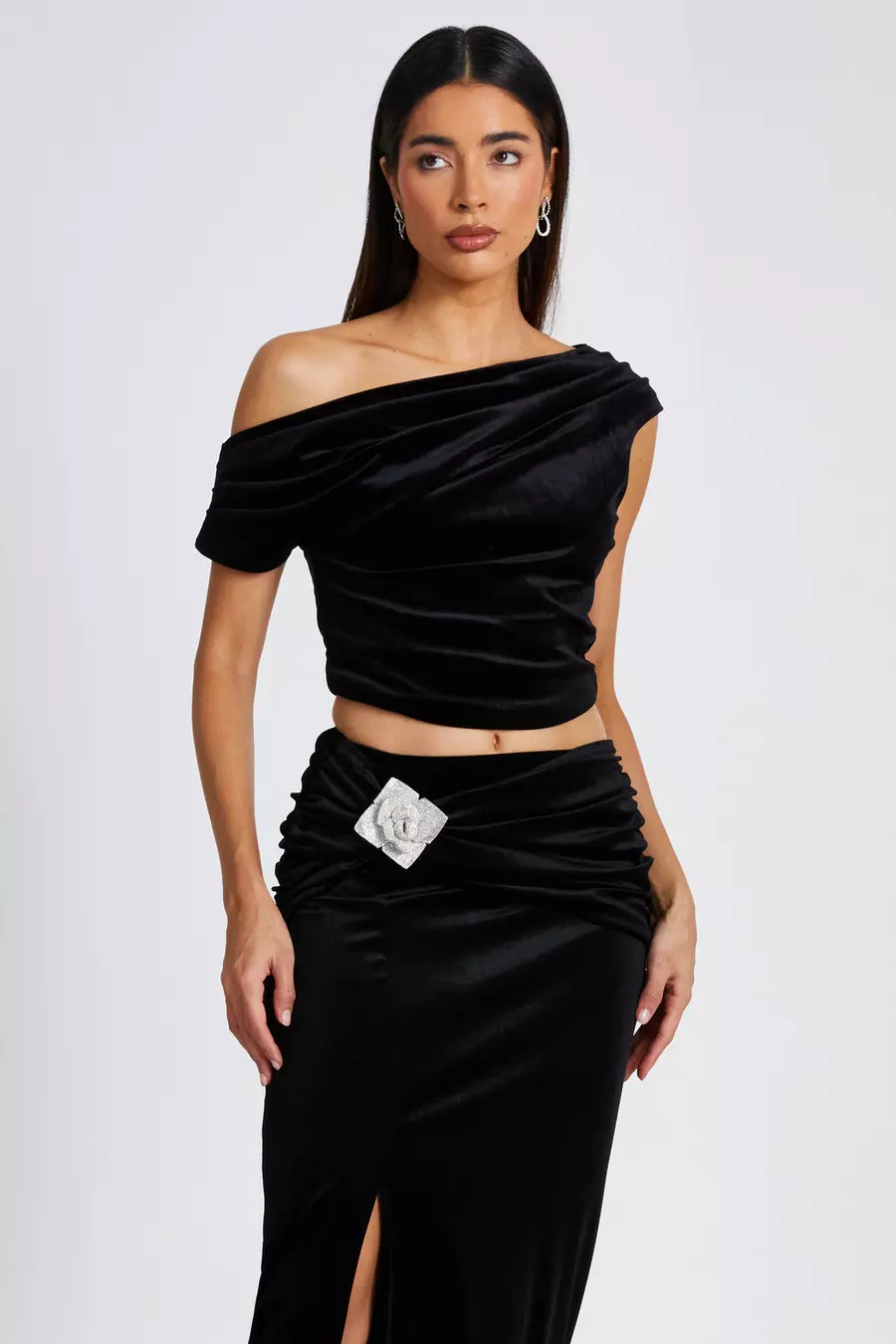Black Velvet Asymmetric Top | Quiz Clothing