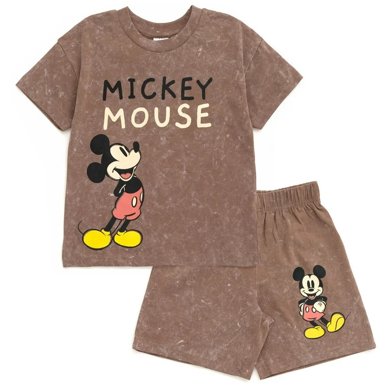 Disney Mickey Mouse Little Boys Vintage Wash Drop Shoulder T-Shirt and Shorts Outfit Set Brown 6 | Walmart (US)