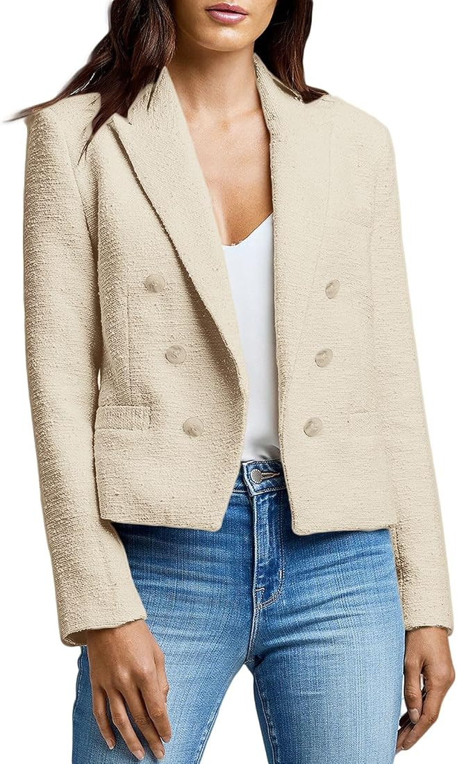 Womens Tweed Blazer Casual Long Sleeve Open Front Cropped Fashion Work Office Blazers for Women | Amazon (US)