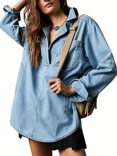 yoeasy Women's Denim Pullover Oversized V Neck Jean Shirt Loose Fit Long Sleeve Denim Jacket With Pocket (Small, Blue) | Amazon (US)