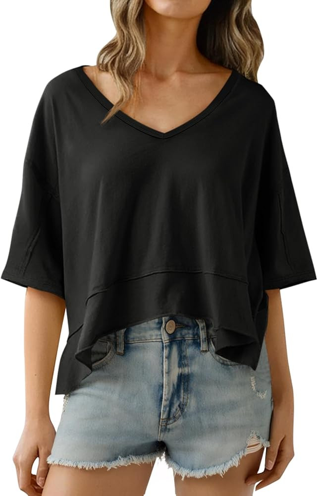 Cicy Bell Womens Oversized Crop T-Shirts Summer V Neck Short Sleeve Tops Casual Loose Fit Curved ... | Amazon (US)