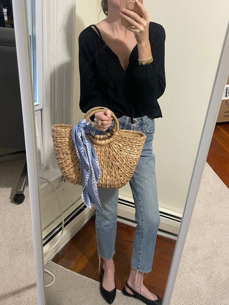 OOTD: J Crew Factory Jeans on sale, a similar black j crew factory top, sling back flats, straw purse, blue scarf 

Other sale items too!

A simple outfit of the day to transition from summer tot fall 

#LTKfindsunder100 #LTKSale #LTKshoecrush