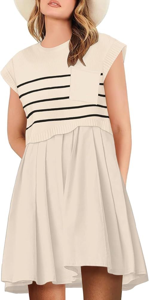 Womens Dresses Striped Knit Top Pleated Loose Swing Mini Short Sleeve Dress 2024 Trendy | Amazon (US)