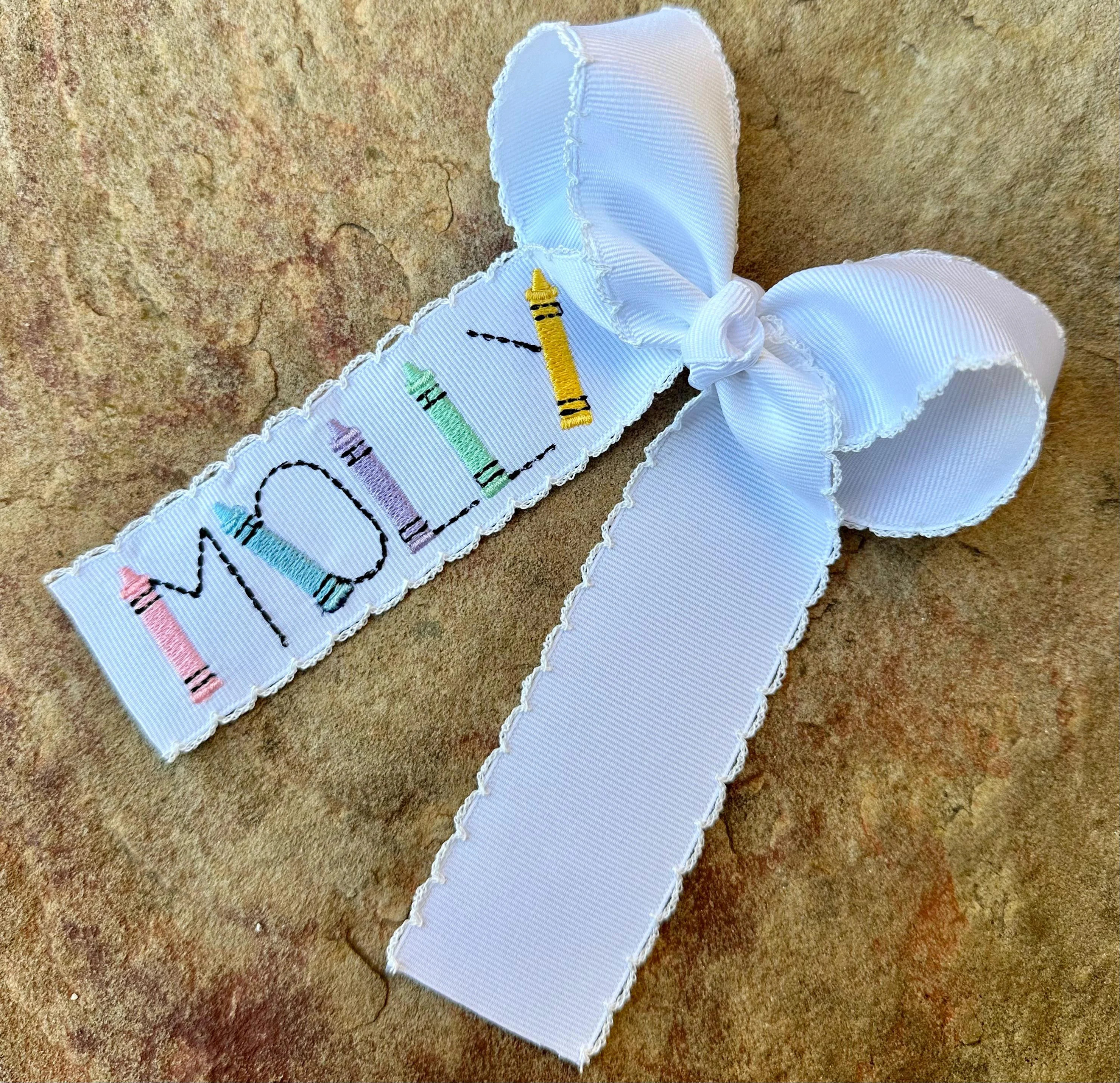 Personalized Monogrammed Medium Large Moonstitch Hair Bow with Embroidered Crayon Name Hairbow, Custom Back to School Hairbows Moon Stitch | Etsy (Global)
