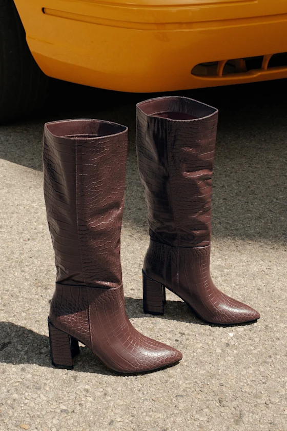 Katari Espresso Croc-Embossed Pointed-Toe Knee High Boots | Lulus