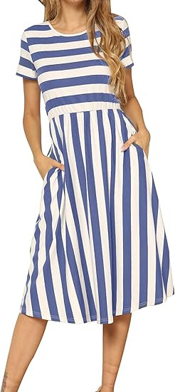 levaca Women's Casual Short Sleeve Striped Swing Midi Dress with Pockets | Amazon (US)