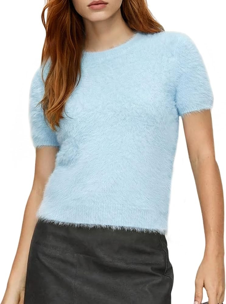 Yimoon Womens Furry Fuzzy Sweater Short Sleeve Pullover Knit Sweater Cozy Shaggy Knit Jumper | Amazon (US)