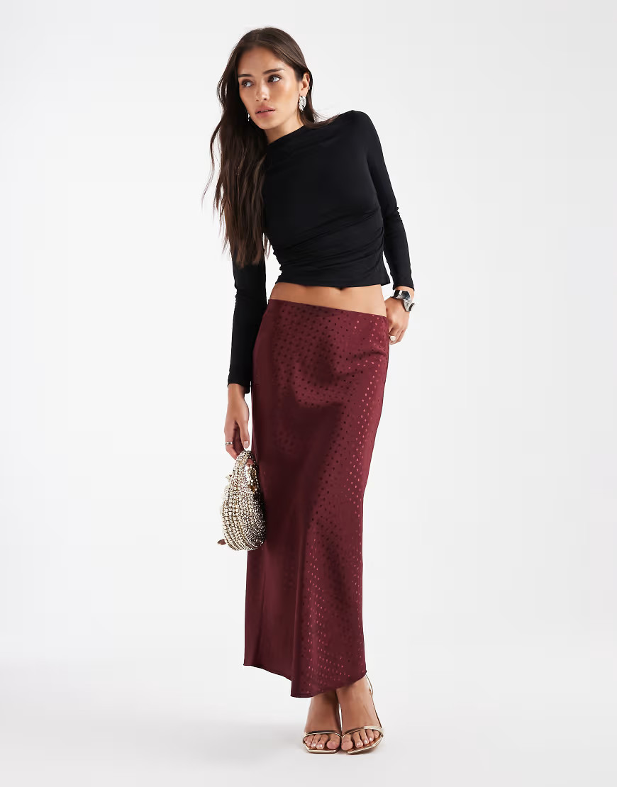 New Look spot satin bias midi skirt in burgundy-Red | ASOS (Global)