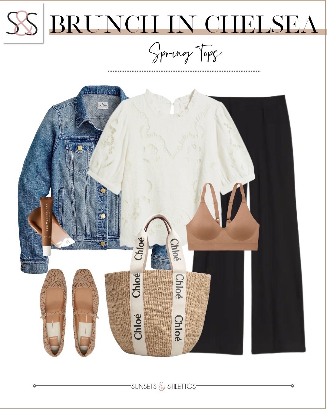 This eyelet top adds texture while wide leg pants keep it comfortable. Layer on a denim jacket and finish with neutral accessories for a polished look you can take anywhere.

Sunsets and Stilettos spring outfit women over 40 brunch outfit wide leg pants eyelet top denim jacket Chloé tote neutral flats spring style capsule wardrobe#LTKStyleTip 

#LTKOver40 #LTKSeasonal #LTKSeasonal #LTKOver40 #LTKWorkwear