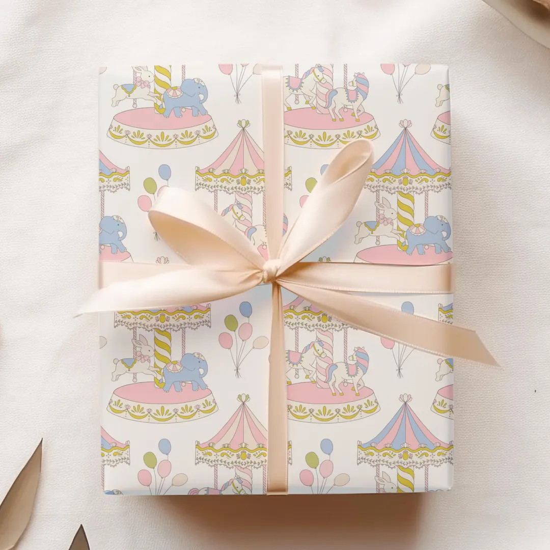 This carnival gift wrap with whimsical illustrations of carousel horses, rabbits, and elephants i... | Etsy (US)