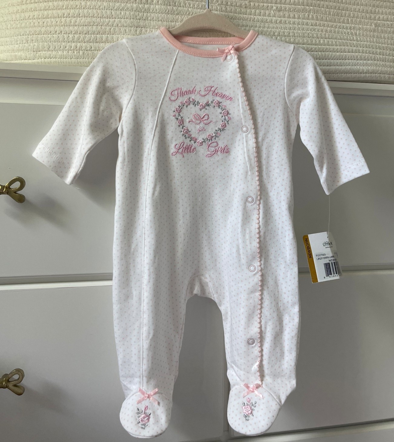 Newborn outfit gown / footie 
Thank heaven for little girls 
Baby outfit , hospital outfit for newborn 

#LTKFamily #LTKBaby #LTKKids