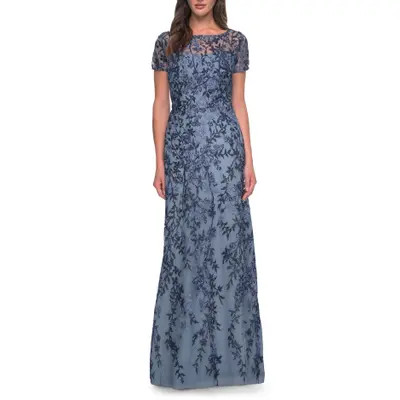 La Femme Floral Beaded Evening Dress with Sheer Cap Sleeves in Dusty Lilac at Nordstrom, Size 16 | Nordstrom