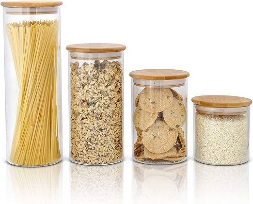 Glass Food Storage Containers with Bamboo Lids - Set of 4 Kitchen Canisters - Candy, Cookie, Rice... | Amazon (US)